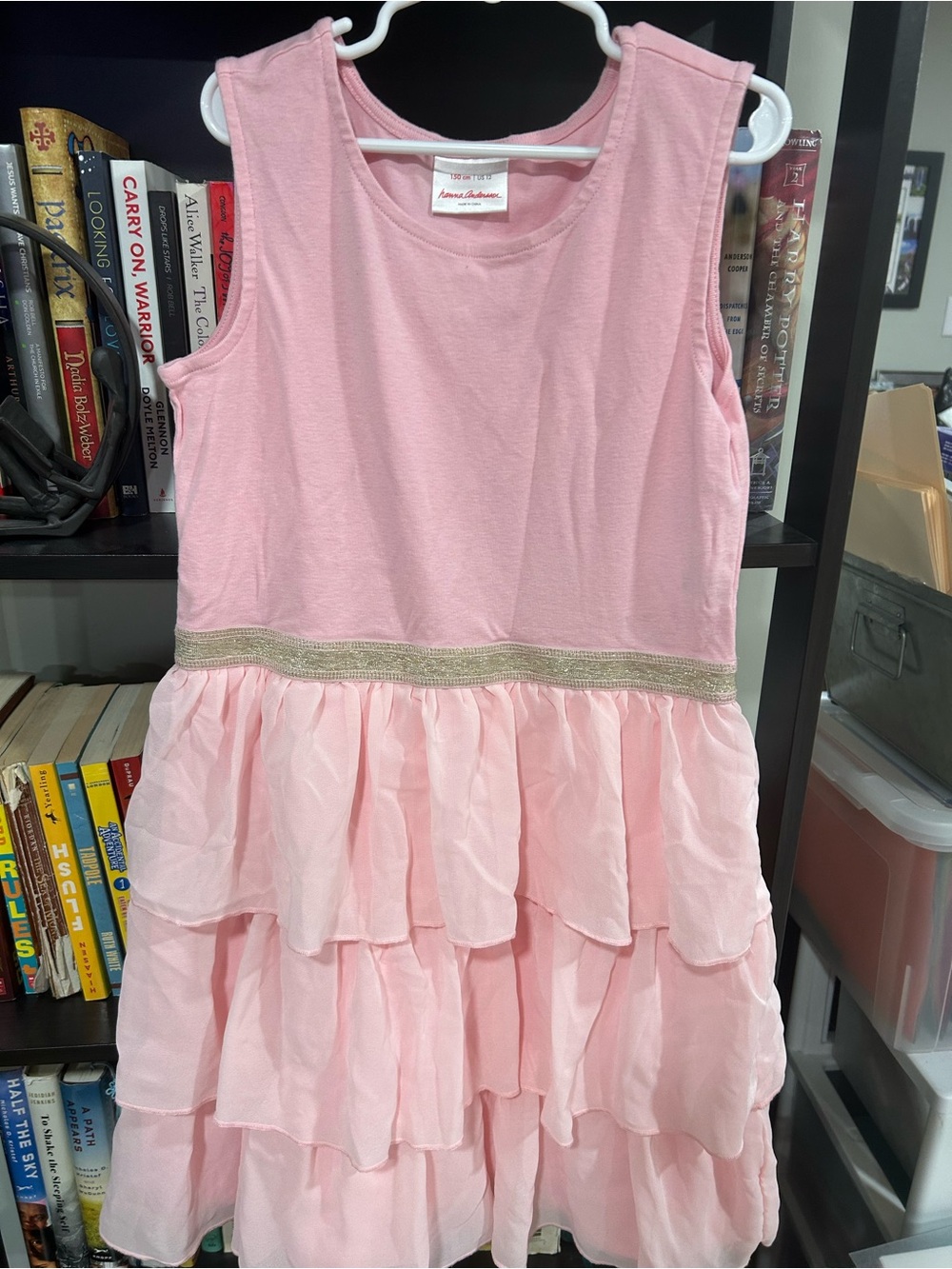 Hanna Andersson Pink Tiered Ruffle Dress with Gold Trim